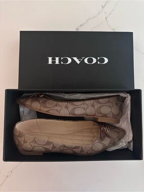 COACH Brown Signature Canvas Ballet Flats with Bow Accent